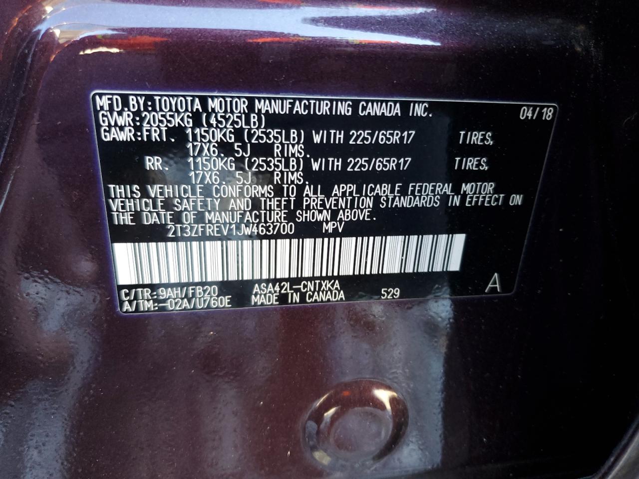 2018 Toyota RAV 4 VIN 2T3ZFREV1JW463700 Copart auction photo, front end / side damage thumbnail 13