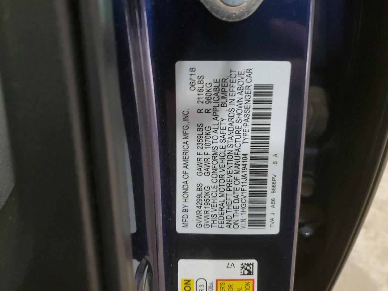 2018 Honda Accord VIN 1HGCV1F11JA194104 Copart auction photo, rear end damage thumbnail 12