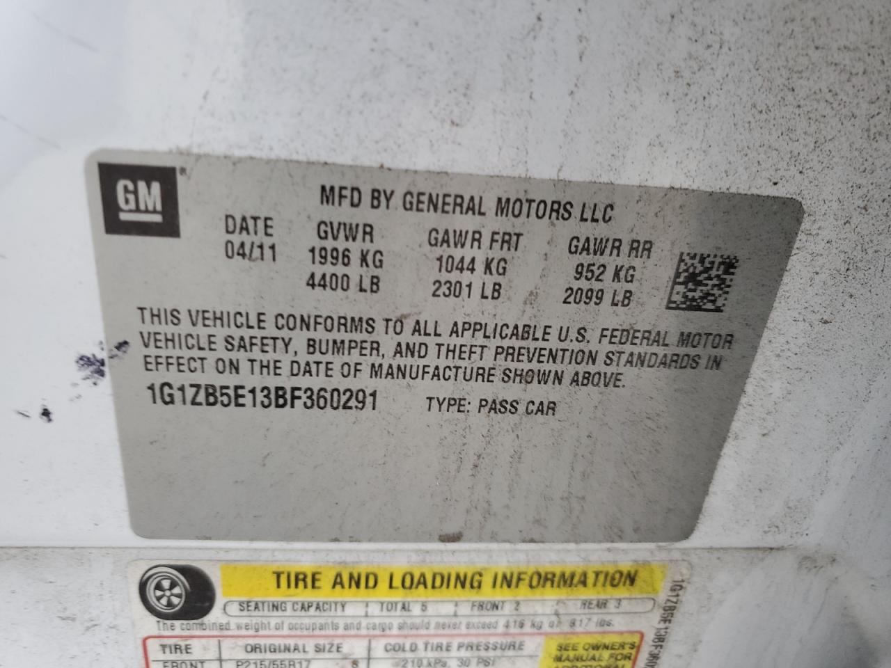2011 Chevrolet Malibu VIN 1G1ZB5E13BF360291 Copart auction photo, side / rear end damage thumbnail 13