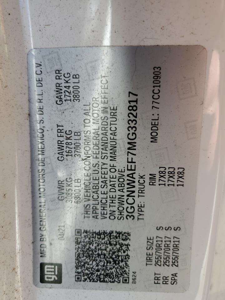 2021 Chevrolet Silverado VIN 3GCNWAEF7MG332817 Copart auction photo, front end / side damage thumbnail 12