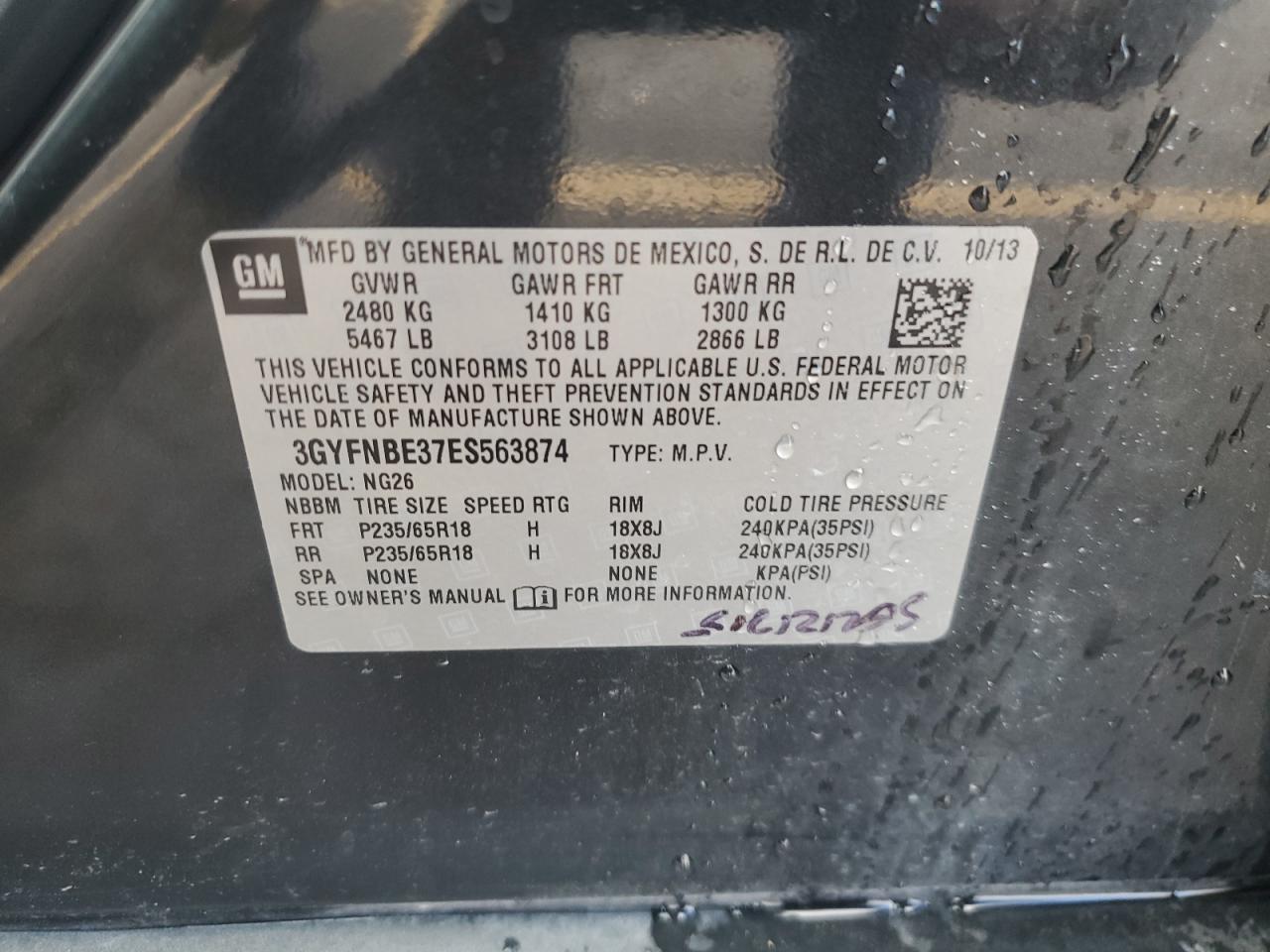 2014 Cadillac SRX VIN 3GYFNBE37ES563874 Copart auction photo, all over / mechanical damage thumbnail 13
