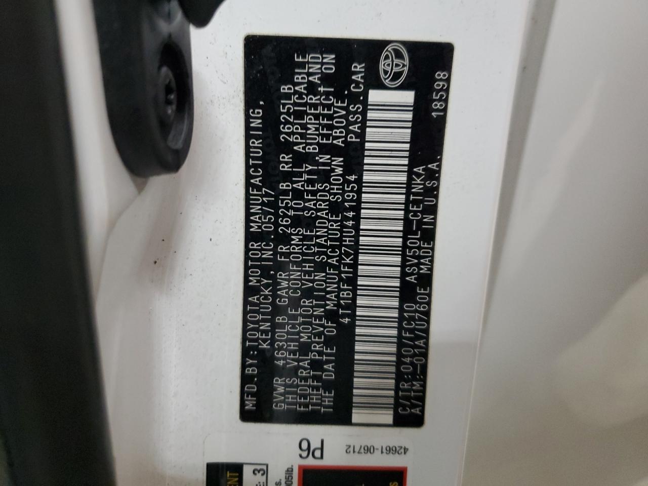 2017 Toyota Camry VIN 4T1BF1FK7HU441954 Copart auction photo, front end damage thumbnail 12