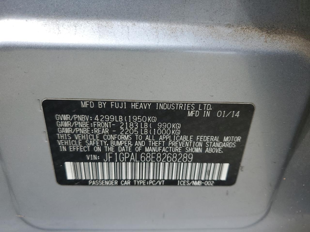 2014 Subaru Impreza VIN JF1GPAL68E8268289 Copart auction photo, front end / rear end damage thumbnail 14