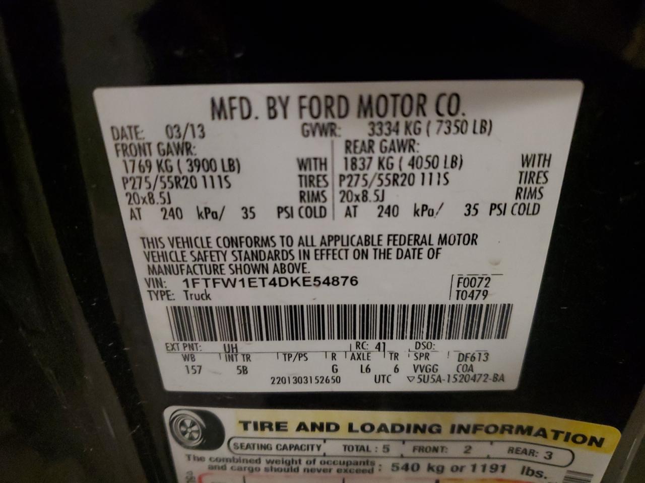 2013 Ford F-150 VIN 1FTFW1ET4DKE54876 Copart auction photo, front end / rear end damage thumbnail 12