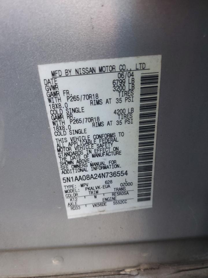 2004 Nissan Armada VIN 5N1AA08A24N736554 Copart auction photo, all over / minor dent/scratches damage thumbnail 16