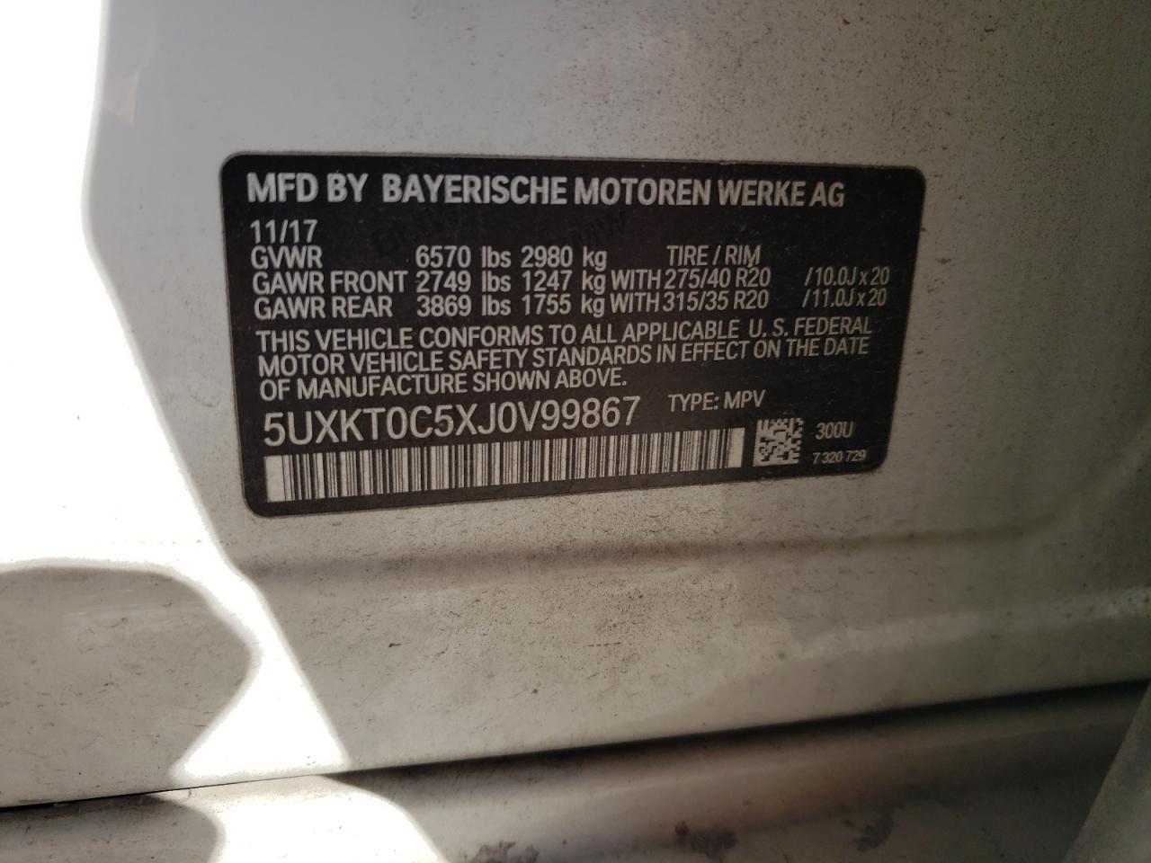 2018 BMW X5 VIN 5UXKT0C5XJ0V99867 Copart auction photo, front end / minor dent/scratches damage thumbnail 14