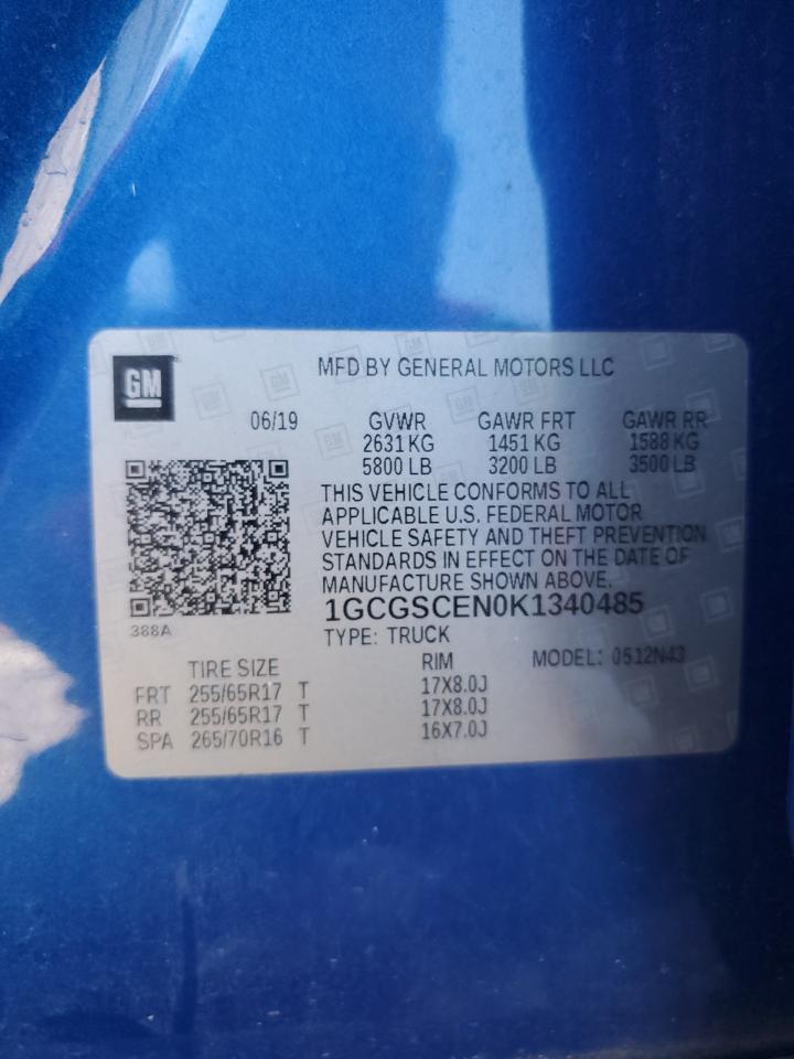 2019 Chevrolet Colorado VIN 1GCGSCEN0K1340485 Copart auction photo, front end / side damage thumbnail 12