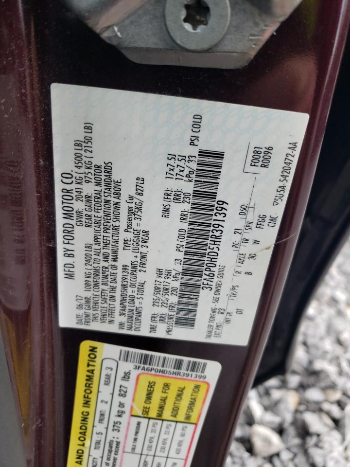2017 Ford Fusion VIN 3FA6P0HD5HR391399 Copart auction photo, side damage thumbnail 12