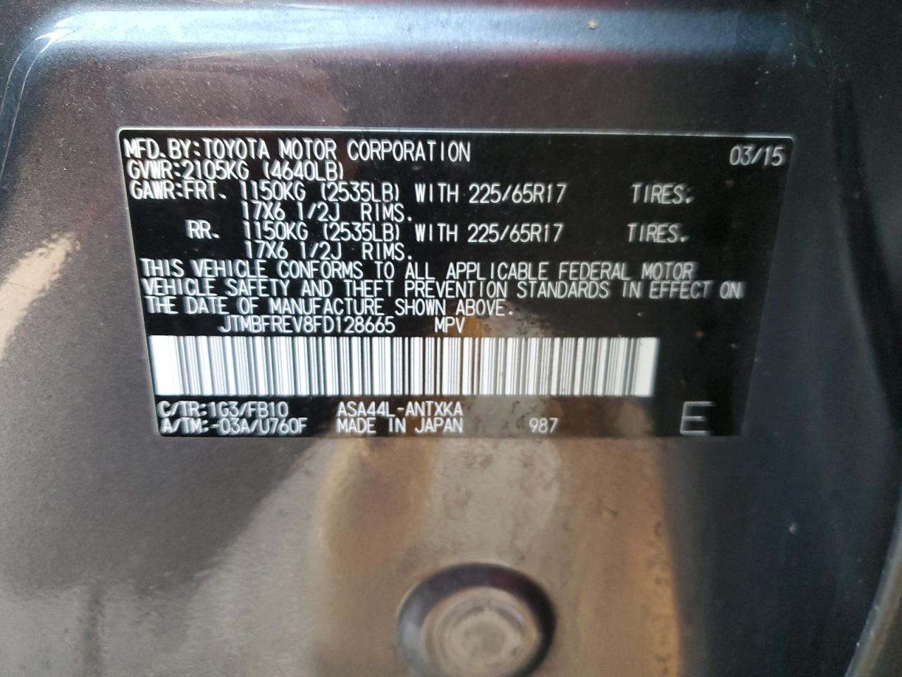 2015 Toyota RAV 4 VIN JTMBFREV8FD128665 Copart auction photo, front end / minor dent/scratches damage thumbnail 13