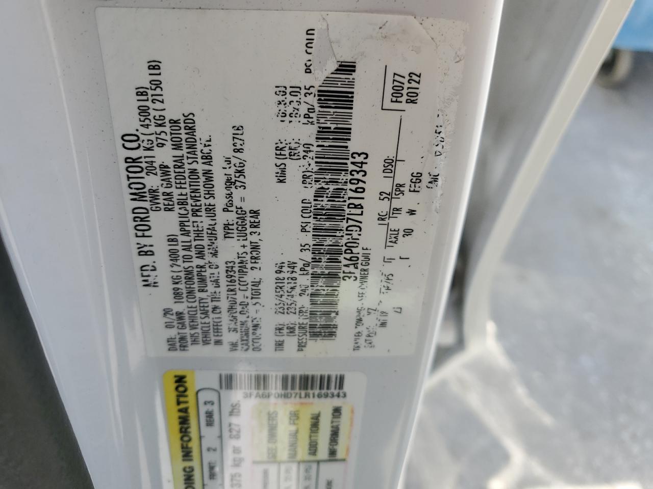 2020 Ford Fusion VIN 3FA6P0HD7LR169343 Copart auction photo, front end / side damage thumbnail 14