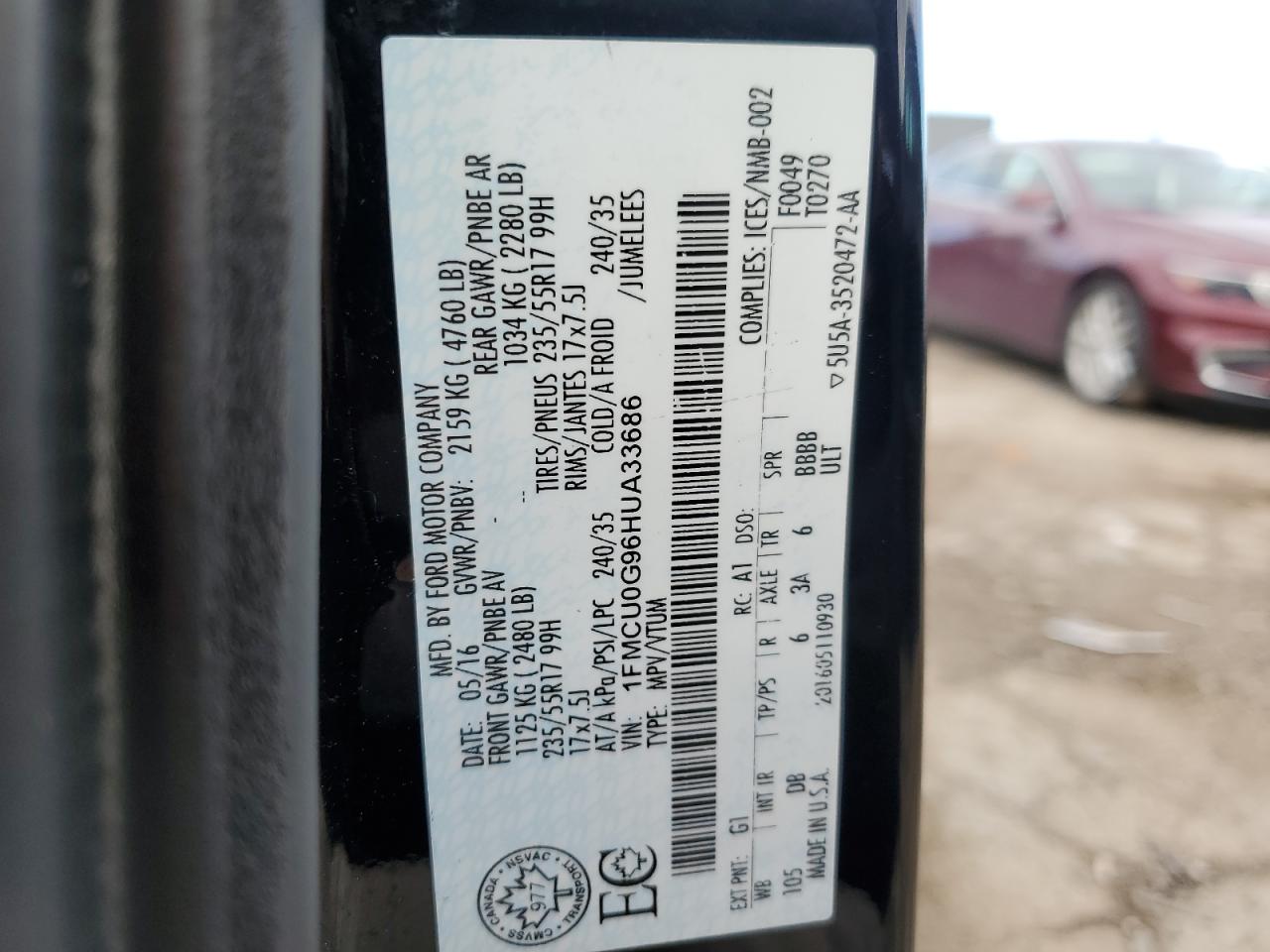 2017 Ford Escape VIN 1FMCU0G96HUA33686 Copart auction photo, side damage thumbnail 15