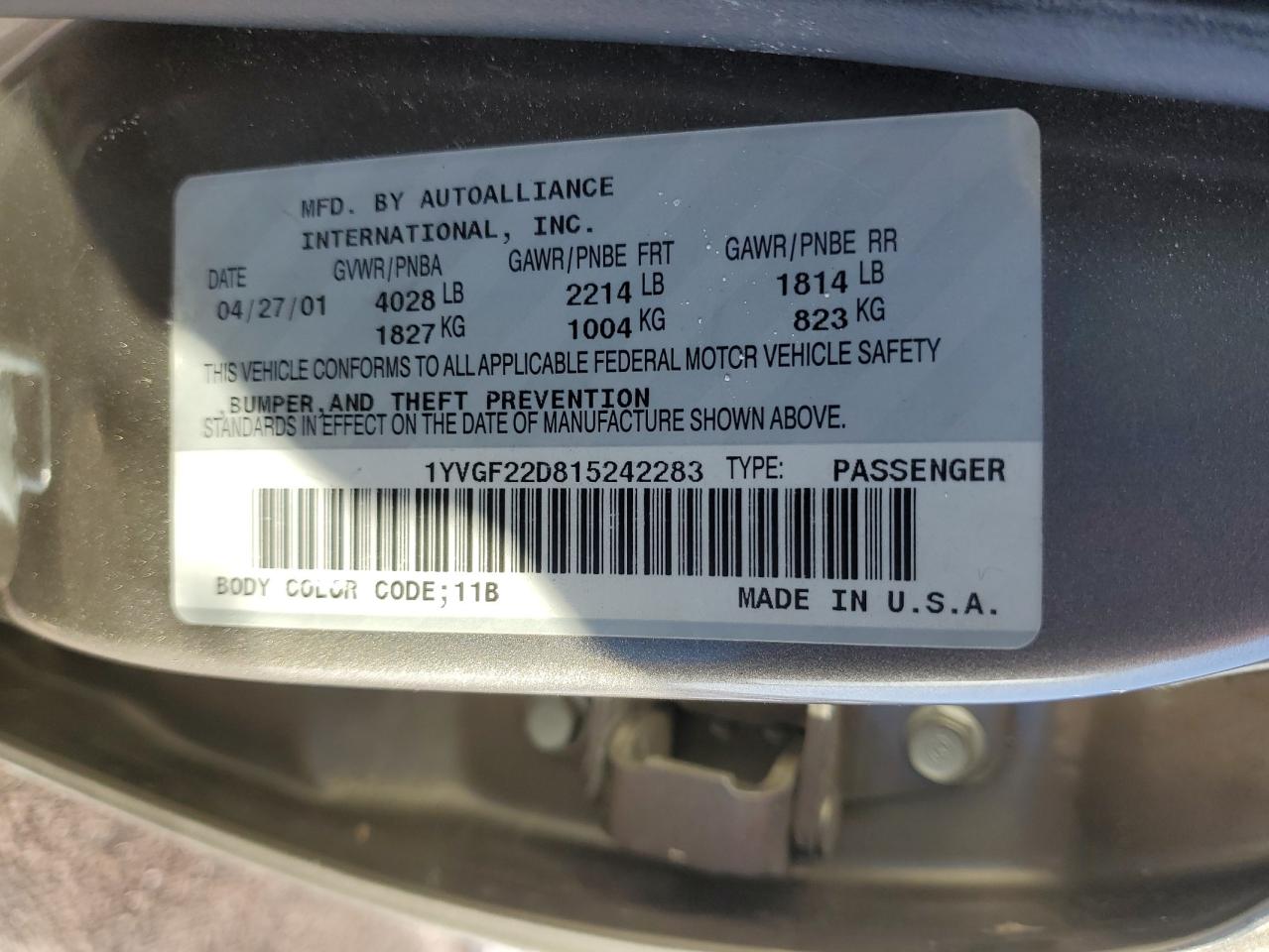 2001 Mazda 626 VIN 1YVGF22D815242283 Copart auction photo, front end / minor dent/scratches damage thumbnail 14