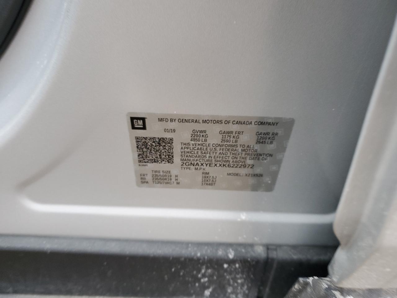 2019 Chevrolet Equinox VIN 2GNAXYEXXK6222972 Copart auction photo, front end damage thumbnail 16