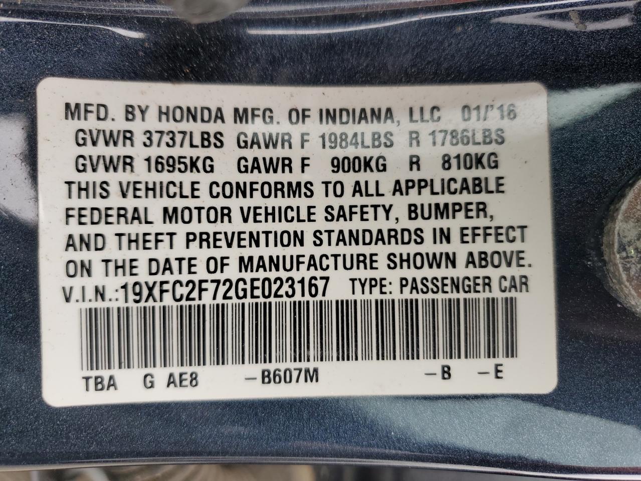 2016 Honda Civic VIN 19XFC2F72GE023167 Copart auction photo, front end / minor dent/scratches damage thumbnail 14