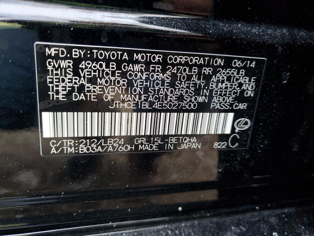 2014 Lexus GS VIN JTHCE1BL4E5027500 Copart auction photo, front end / undercarriage damage thumbnail 14