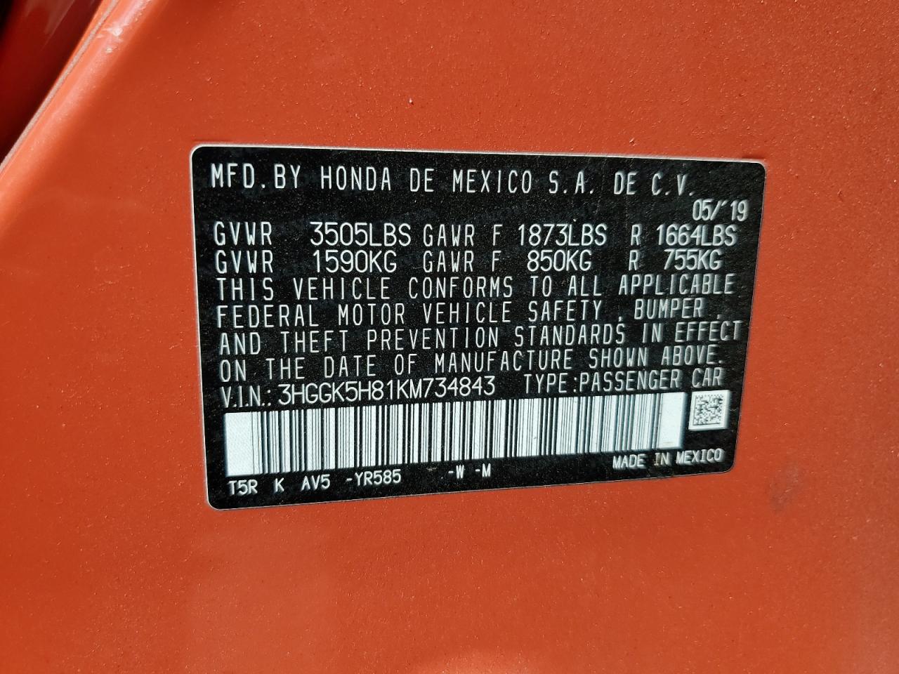 2019 Honda Fit VIN 3HGGK5H81KM734843 Copart auction photo, top/roof damage thumbnail 12