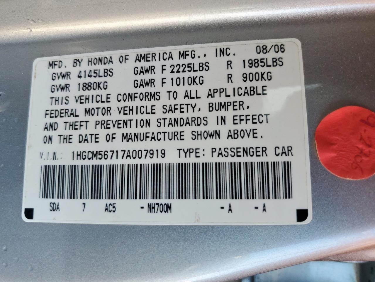 2007 Honda Accord VIN 1HGCM56717A007919 Copart auction photo, top/roof / side damage thumbnail 12