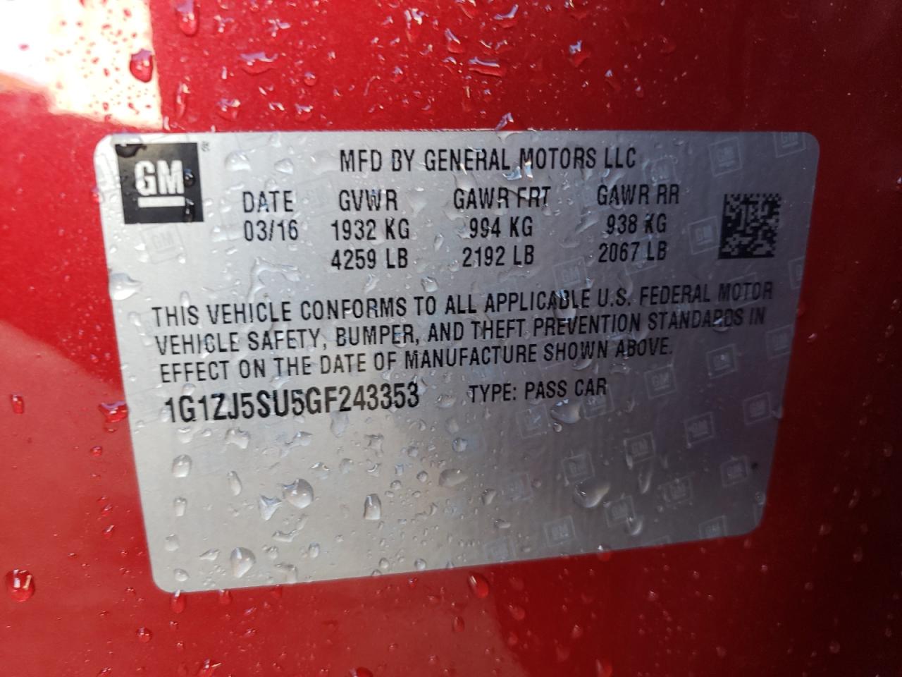 2016 Chevrolet Malibu VIN 1G1ZJ5SU5GF243353 Copart auction photo, front end / side damage thumbnail 12
