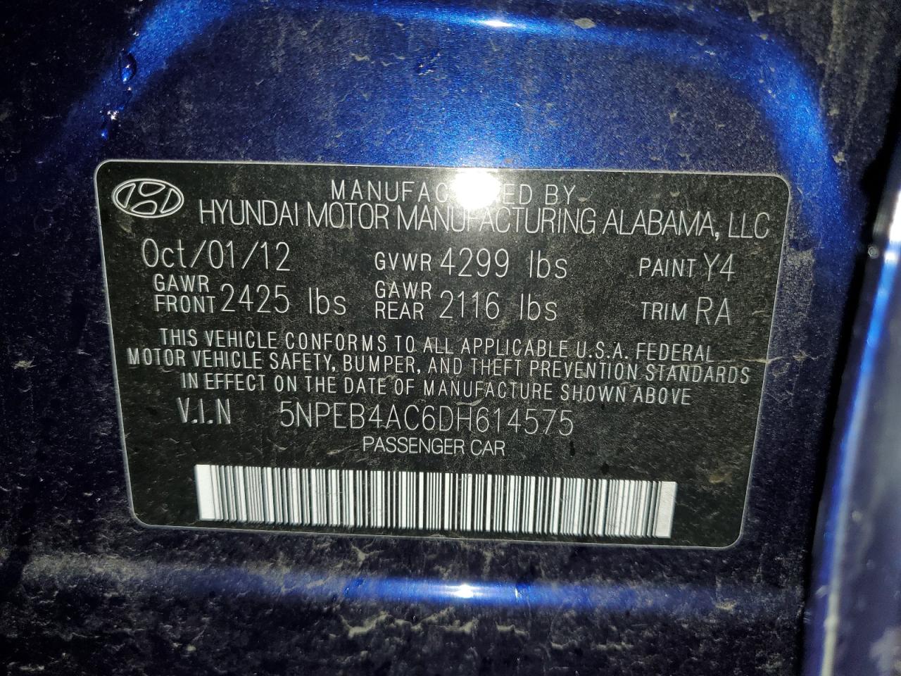 2013 Hyundai Sonata VIN 5NPEB4AC6DH614575 Copart auction photo, front end / minor dent/scratches damage thumbnail 12