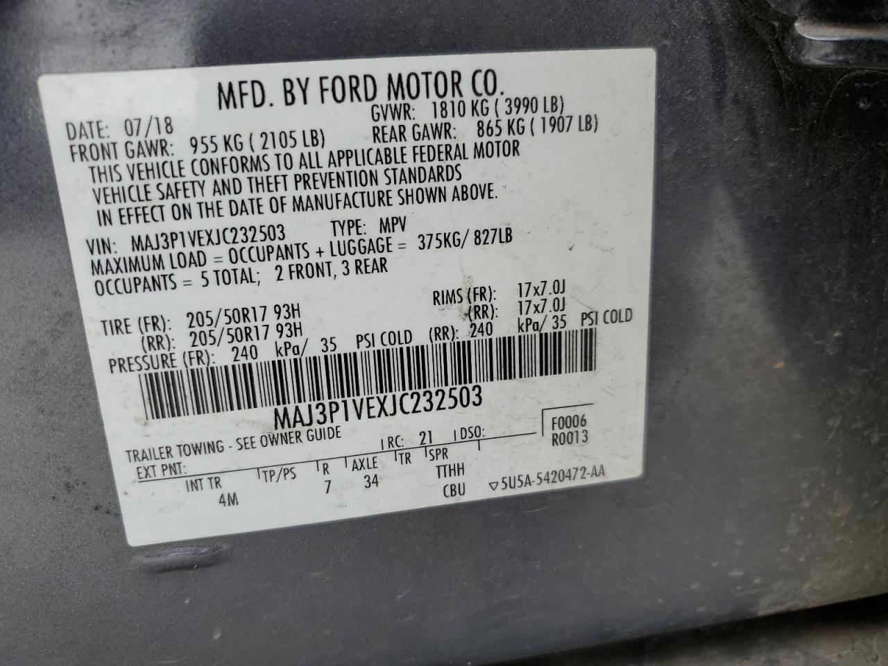2018 Ford EcoSport VIN MAJ3P1VEXJC232503 Copart auction photo, rear end / side damage thumbnail 16