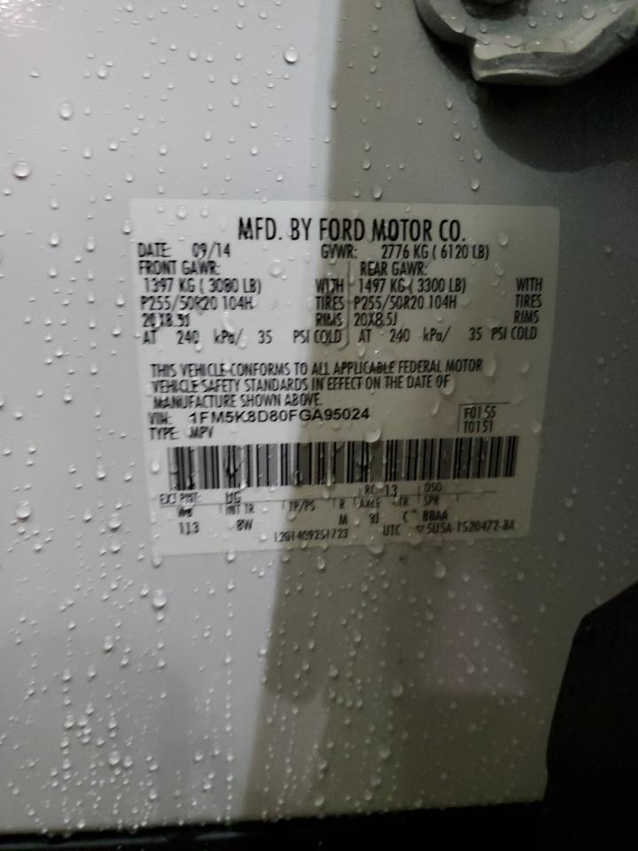 2015 Ford Explorer VIN 1FM5K8D80FGA95024 Copart auction photo, front end / top/roof damage thumbnail 13