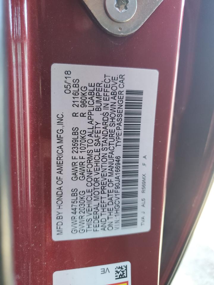 2018 Honda Accord VIN 1HGCV1F90JA166946 Copart auction photo, front end damage thumbnail 13