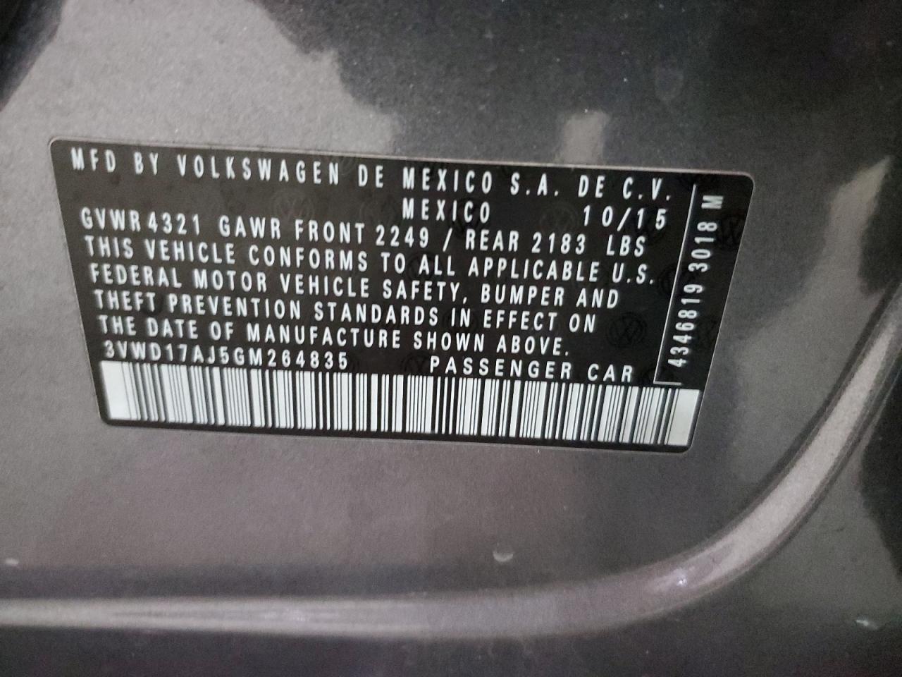 2016 Volkswagen Jetta VIN 3VWD17AJ5GM264835 Copart auction photo, side damage thumbnail 12
