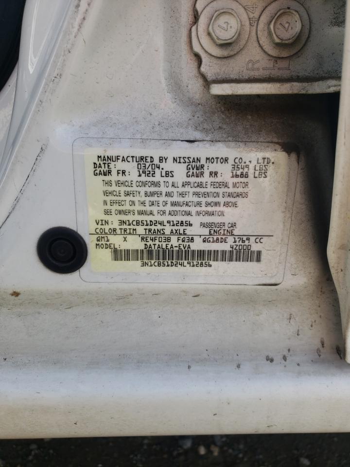 2004 Nissan Sentra VIN 3N1CB51D24L912856 Copart auction photo, front end damage thumbnail 12