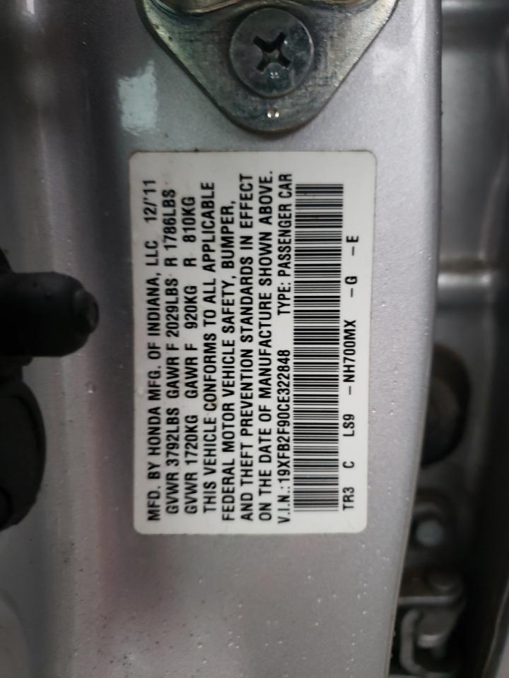 2012 Honda Civic VIN 19XFB2F90CE322848 Copart auction photo, rear end damage thumbnail 12