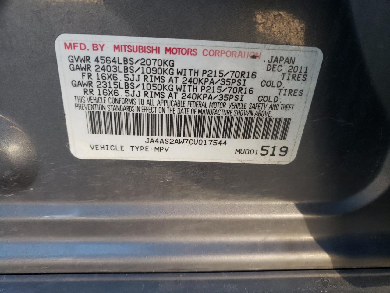 2012 Mitsubishi Outlander VIN JA4AS2AW7CU017544 Copart auction photo, front end damage thumbnail 13