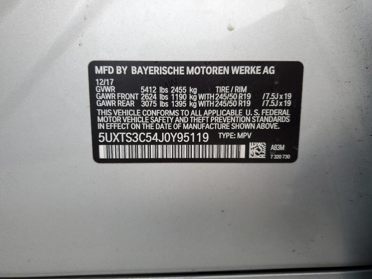 2018 BMW X3 VIN 5UXTS3C54J0Y95119 Copart auction photo, all over damage thumbnail 12