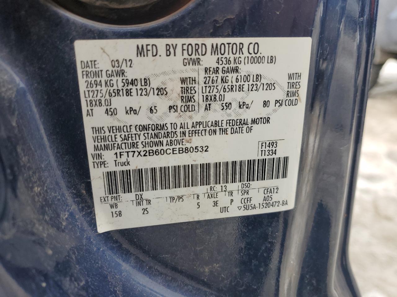 2012 Ford F250 VIN 1FT7X2B60CEB80532 Copart auction photo, side / minor dent/scratches damage thumbnail 12