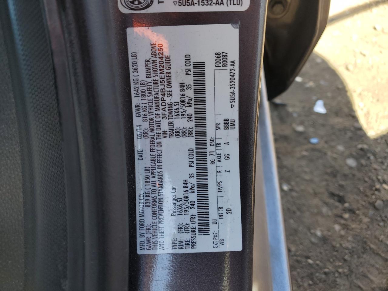 2014 Ford Fiesta VIN 3FADP4BJ5EM204250 Copart auction photo, minor dent/scratches damage thumbnail 12