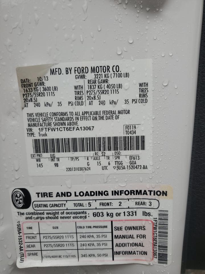 2014 Ford F-150 VIN 1FTFW1CT6EFA13067 Copart auction photo, rear end damage thumbnail 13