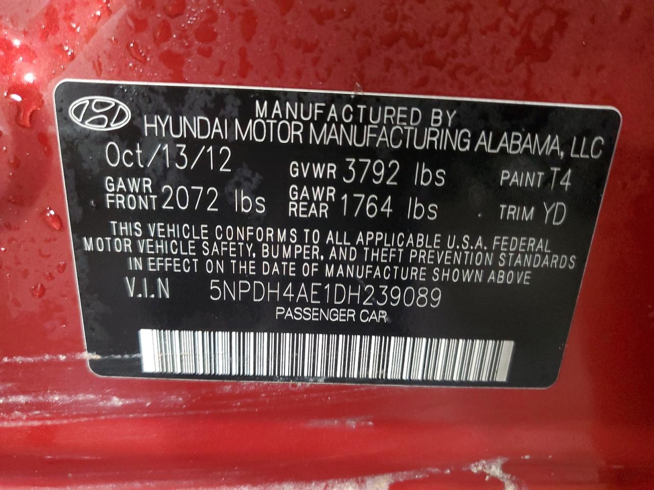 2013 Hyundai Elantra VIN 5NPDH4AE1DH239089 Copart auction photo, front end / rear end damage thumbnail 14