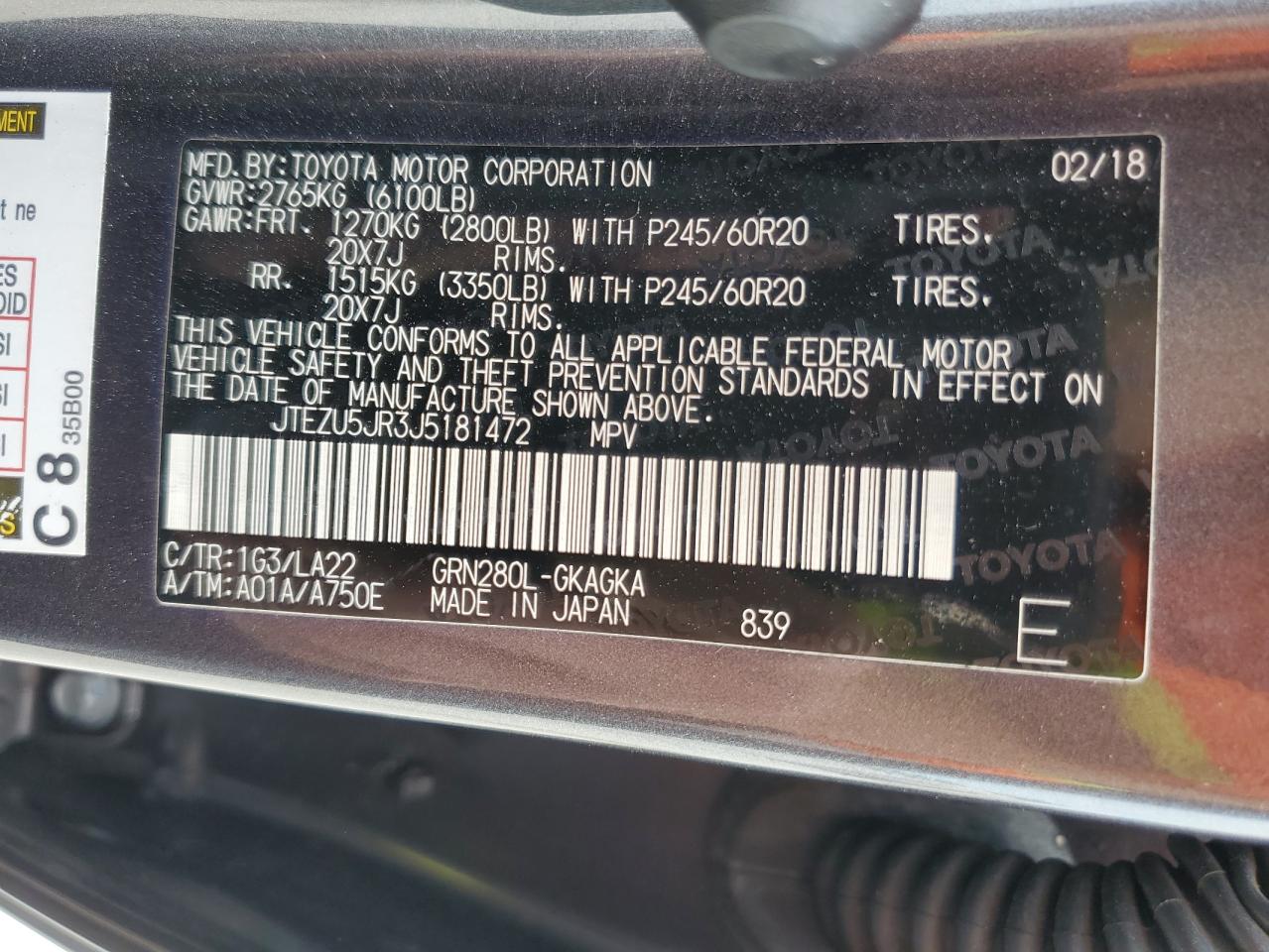 2018 Toyota 4Runner VIN JTEZU5JR3J5181472 Copart auction photo, front end damage thumbnail 16