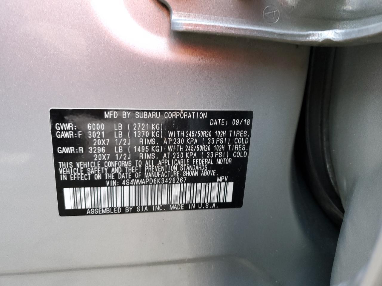 2019 Subaru Ascent VIN 4S4WMAPD6K3426267 Copart auction photo, front end / side damage thumbnail 15