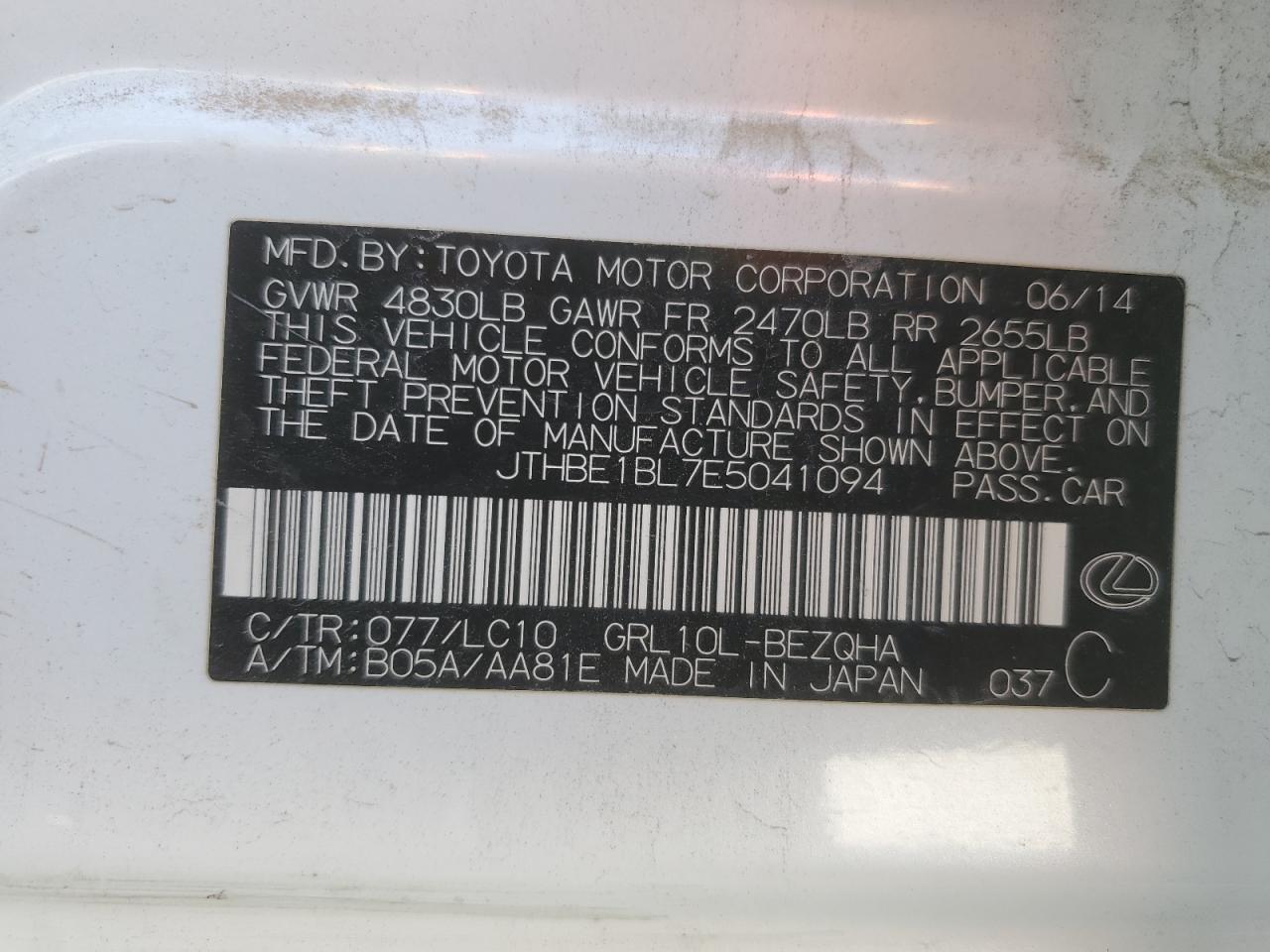 2014 Lexus GS VIN JTHBE1BL7E5041094 Copart auction photo, front end damage thumbnail 15