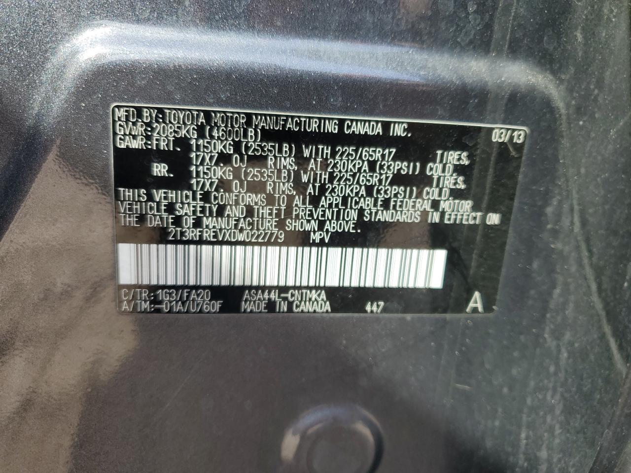 2013 Toyota RAV 4 VIN 2T3RFREVXDW022779 Copart auction photo, normal wear / minor dent/scratches damage thumbnail 13