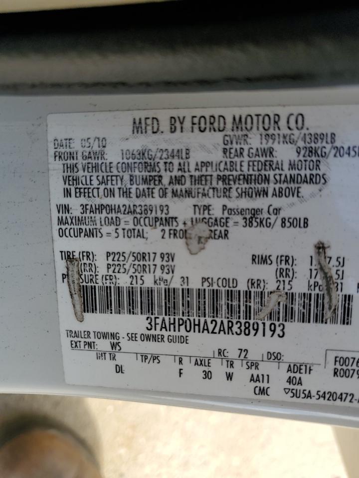 2010 Ford Fusion VIN 3FAHP0HA2AR389193 Copart auction photo, front end damage thumbnail 14