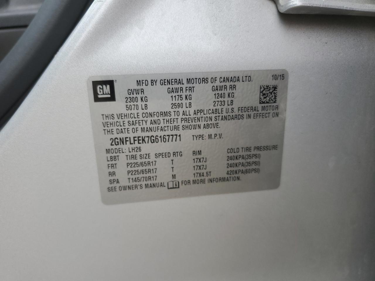 2016 Chevrolet Equinox VIN 2GNFLFEK7G6167771 Copart auction photo, side / rear end damage thumbnail 15