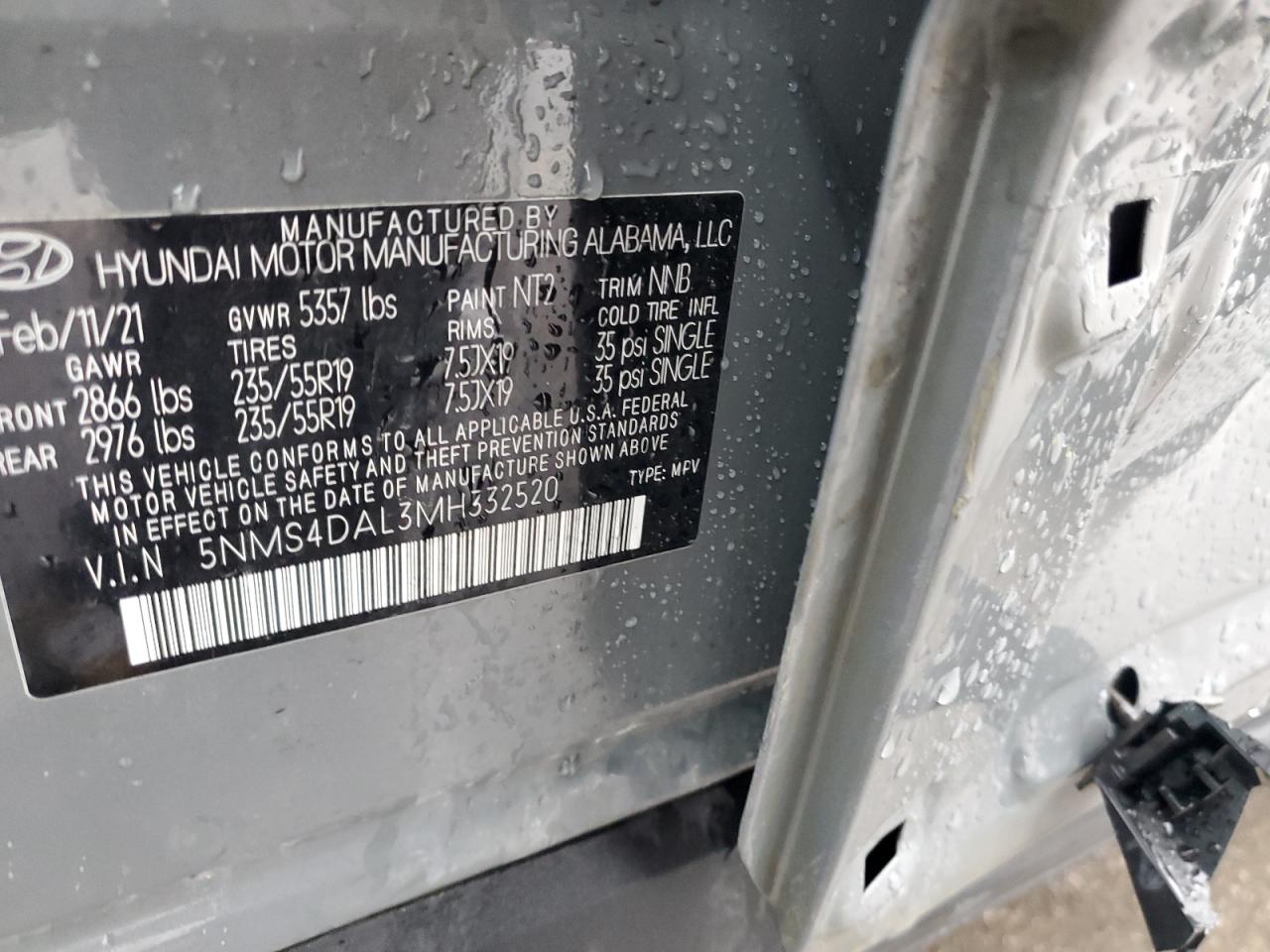 2021 Hyundai Santa Fe VIN 5NMS4DAL3MH332520 Copart auction photo, side damage thumbnail 13