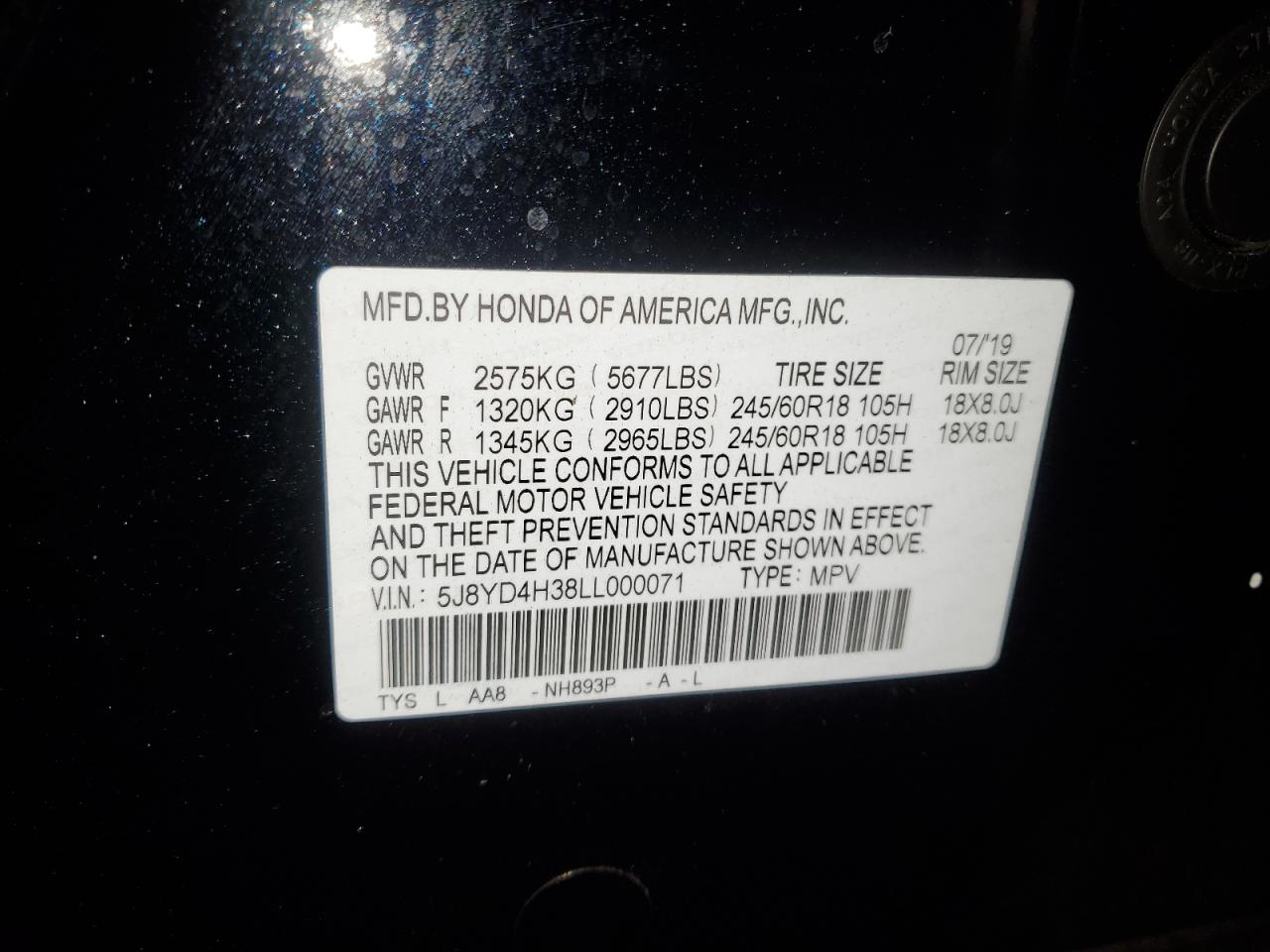 2020 Acura MDX VIN 5J8YD4H38LL000071 Copart auction photo, all over / missing/altered vin damage thumbnail 13