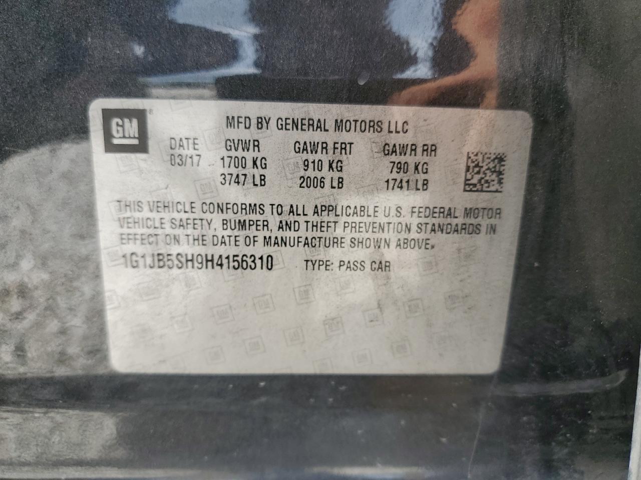 2017 Chevrolet Sonic VIN 1G1JB5SH9H4156310 Copart auction photo, front end damage thumbnail 12