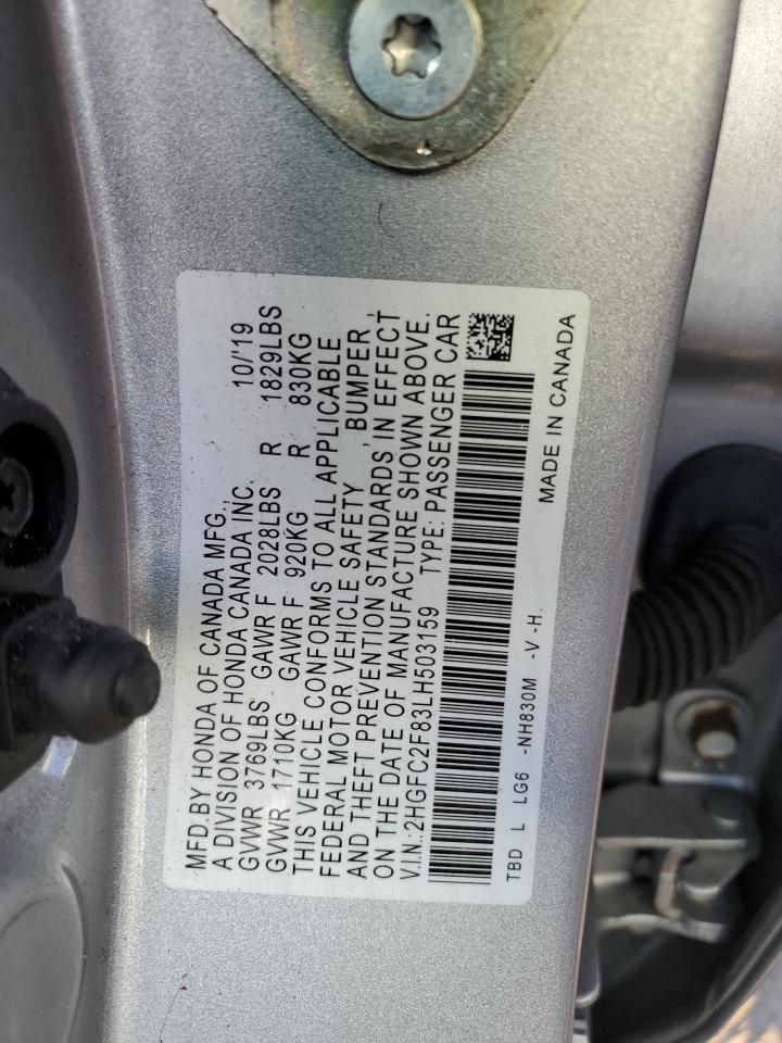 2020 Honda Civic VIN 2HGFC2F83LH503159 Copart auction photo, front end damage thumbnail 12