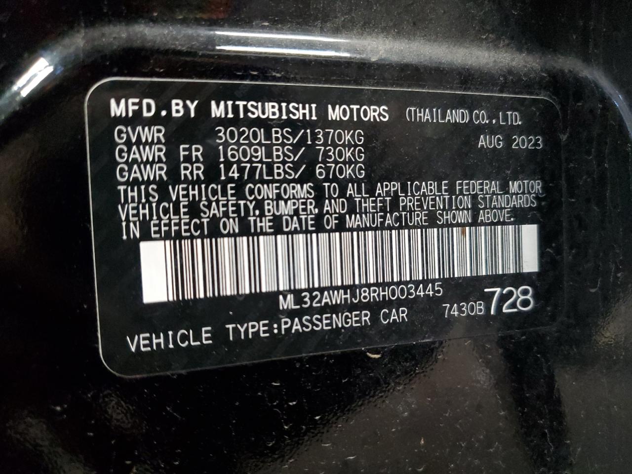 2024 Mitsubishi Mirage VIN ML32AWHJ8RH003445 Copart auction photo, front end damage thumbnail 13