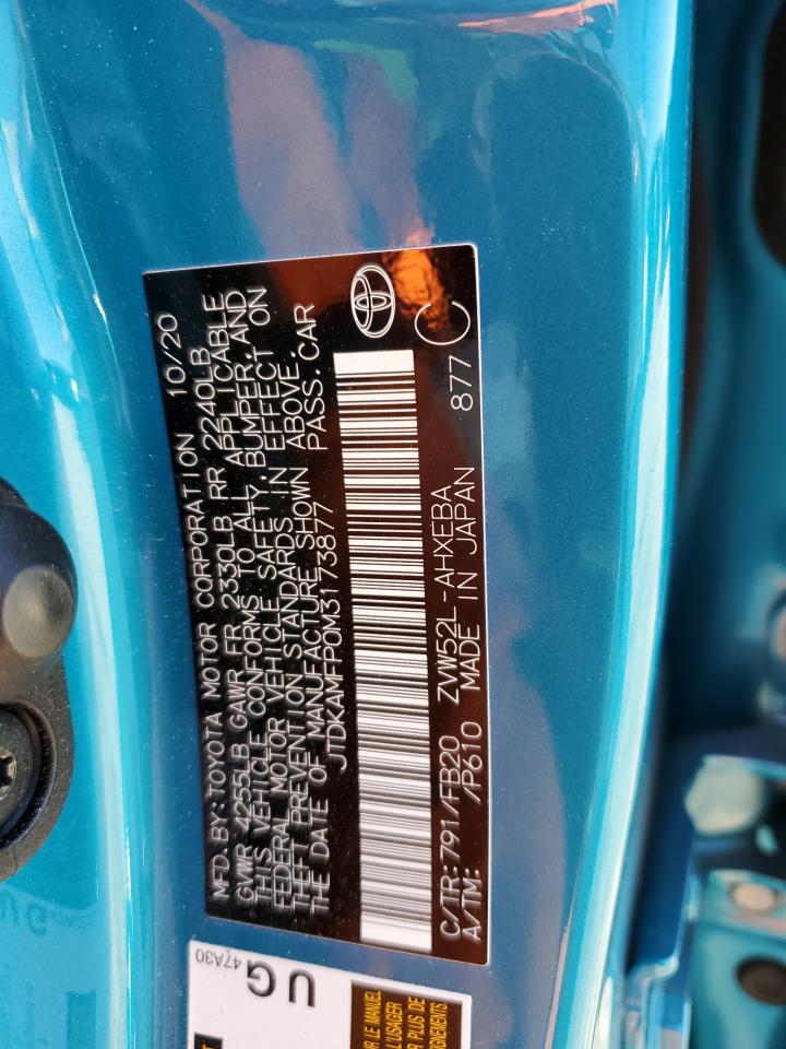 2021 Toyota Prius VIN JTDKAMFP0M3173877 Copart auction photo, rear end damage thumbnail 12