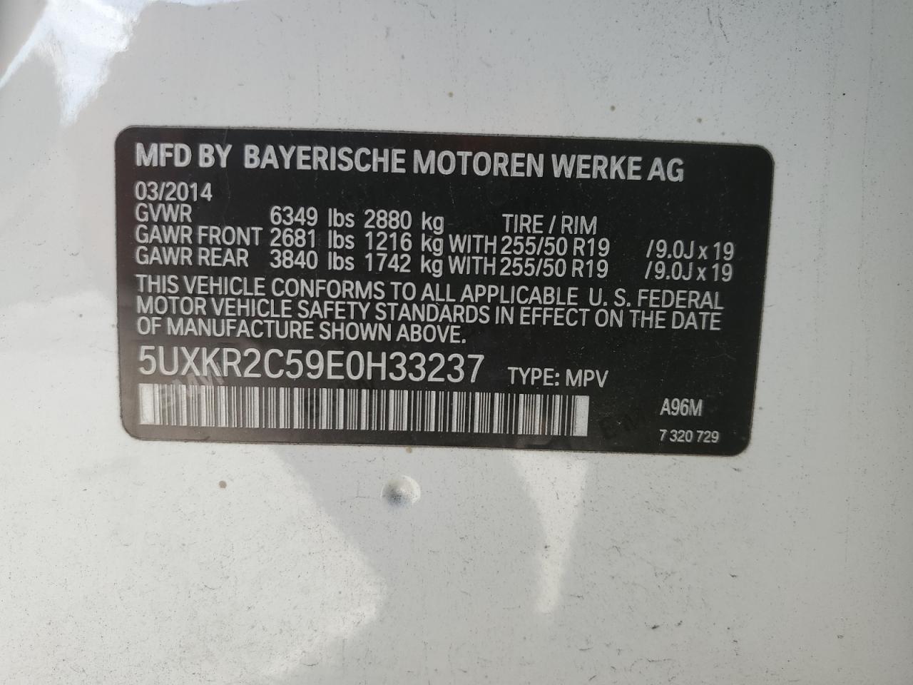 2014 BMW X5 VIN 5UXKR2C59E0H33237 Copart auction photo, front end / minor dent/scratches damage thumbnail 15