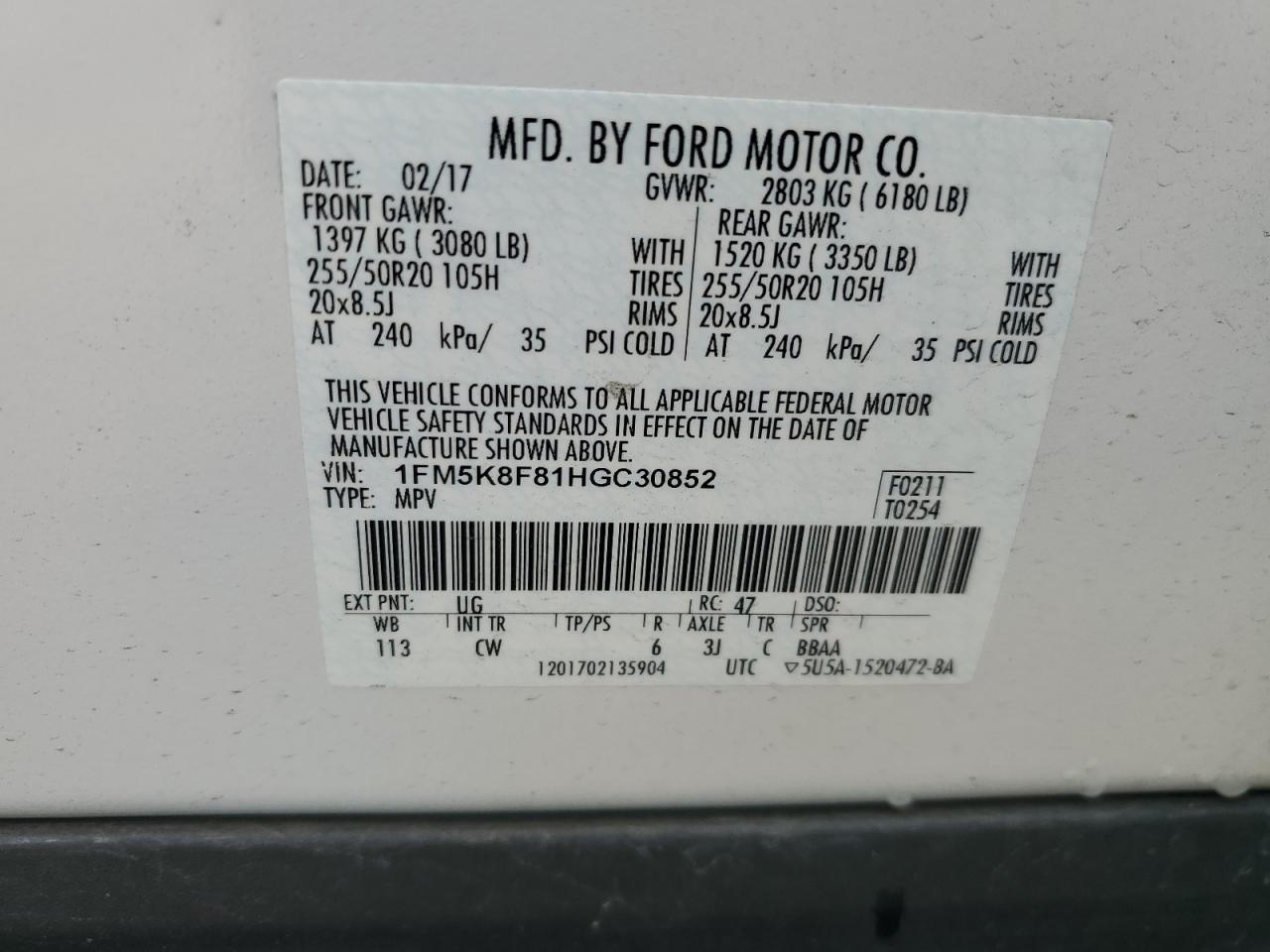 2017 Ford Explorer VIN 1FM5K8F81HGC30852 Copart auction photo, front end damage thumbnail 12