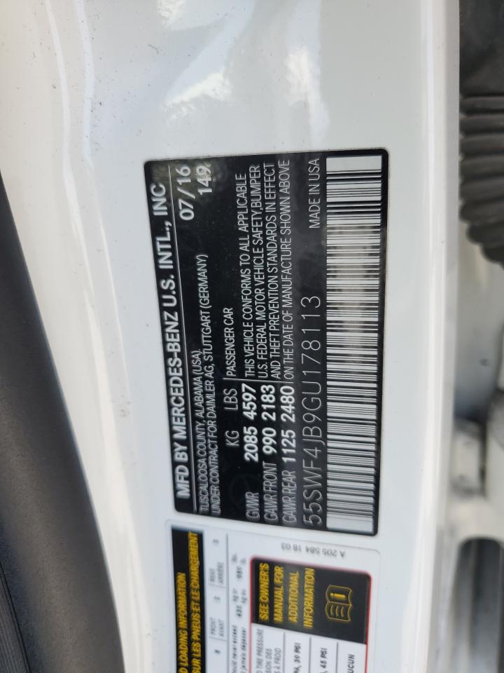 2016 Mercedes-Benz C-klasse VIN 55SWF4JB9GU178113 Copart auction photo, vandalism damage thumbnail 12